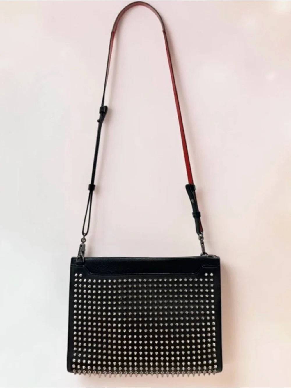 Christian Louboutin Skypouch Spike Black Leather Crossbody Clutch 12”